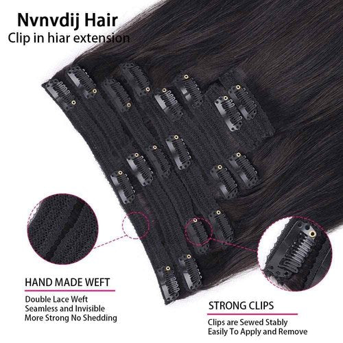 Straight Clip in Hair Extensions Real Human Hair 8Pcs Remy Human hair Clip ins for Women, Natural Soft Human Hair 120g 24inch #1B Natural Black
