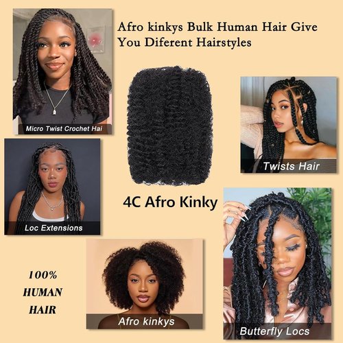Dong H hair Afro Kinkys Bulk Human Hair 22 Inch for Braiding Afro Kinky-Curly Human Hair Bulk For Mini Twist, Repair Locs Hair Bulk Human Braiding Hair for Micro Dreadlocs Extensions(1B,35g/pack)