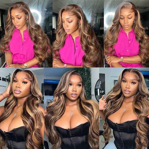 Durya Honey Blonde Ombre Lace Front Wig Human Hair Highlight Body Wave Lace Front Wigs Human Hair Pre Plucked Glueless 5x5 HD Lace Closure Wig for Women 4/27 Colored 250 Density 32 Inch