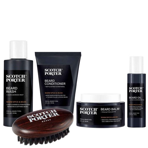 Scotch Porter Beard Care Kit – Cleanse, Moisturize, Soothe & Style Coarse, Dry Hair while Encouraging Growth for a Fuller/Healthier-Looking Beard – Includes Wash, Conditioner, Oil, Balm & Brush