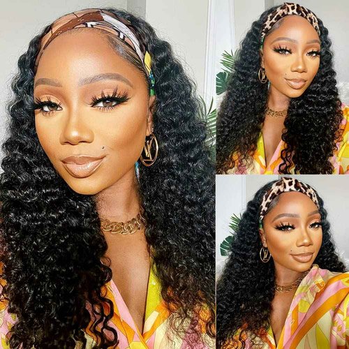 Lauberita Long Human Hair Headband Wig Brazilian Curly Headband Wig Human Hair Deep Wave Wig Glueless Hair None Lace Front Natural Color(22 inch)