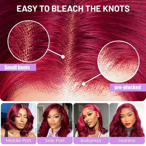 mmiQus 14 Inch Burgundy Bob Wig Human Hair 13x6 99j Burgundy Lace Front Wigs Human Hair Bob Wigs For Black Women 200% Density 99j 13x6 Hd Transparent Lace Front Body Wave Wigs Pre Plucked Pre Cut