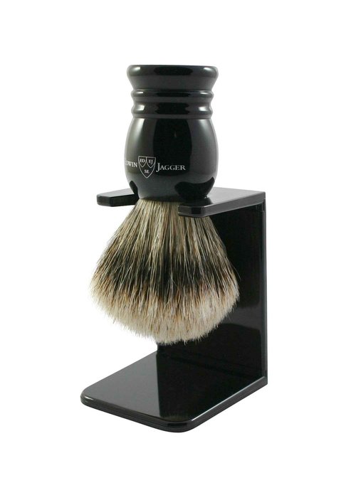 Edwin Jagger 1EJ256SDS Traditional Imitation Ebony Super Badger Hair Exfoliating Shaving Brush with Drip Stand for Shaving Soap or Cream for Men and Women (Medium)