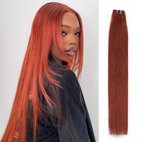 HERMOUS 13A Double Drawn Reddish Brown Bundles 22 Inch Copper Red Human Hair Single Straight Full and Thick Brazilian 100% Real Raw Human Hair Quick Weave Auburn Brown Colored #33B Bundles