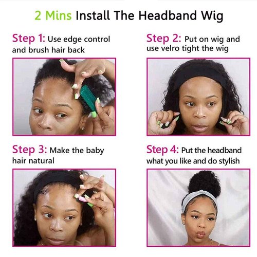 mmiQus Long Headband Wig Human Hair Water Wave Headband Wigs for Women Curly Wigs Glueless No Lace Front Wig Brazilian Virgin Human Hair 180% Density Natural Black 24 Inch