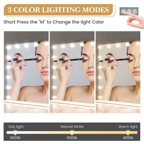 GAOMON Vanity Mirror with Lights, Lighted Mirror with 17 Dimmable LED Bulbs, Makeup Mirror with 3X Magnification, 3 Colors Modes,Touch Control, Metal Frame,White