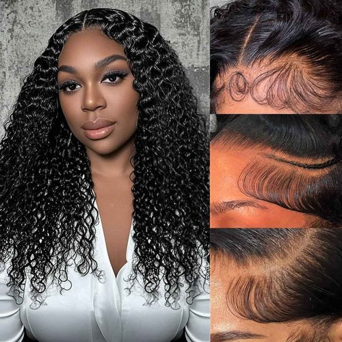 YYAD 13x4 Deep Curly Glueless Wigs Human Hair Deep Wave Lace Frontal Wet and Wavy Wig 20 Inches 180 Density Water Wave Lace Front Wigs Human Hair Pre Plucked with Baby Hair Natural Black 1B