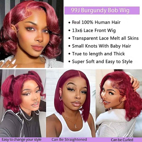 mmiQus 14 Inch Burgundy Bob Wig Human Hair 13x6 99j Burgundy Lace Front Wigs Human Hair Bob Wigs For Black Women 200% Density 99j 13x6 Hd Transparent Lace Front Body Wave Wigs Pre Plucked Pre Cut