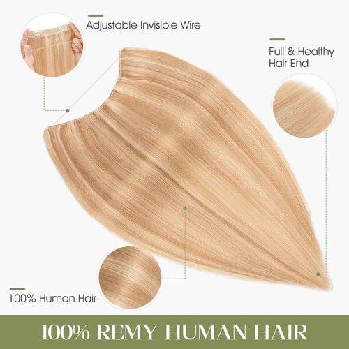 Charites Halo Hair Extensions Real Human Hair Invisible Wire Extensions with Transparent Fish Line Adjustable Size Golden Brown & Bleach Blonde 18 inch