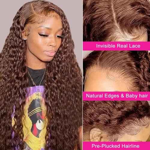 FQ Chocolate Brown #2 Lace Front Wig Water Wave 5x5 HD Lace Closure Wigs for Black Women Human Hair 180% Density Colored Lace Front Wigs Human Hair 22 inch(Chocolate Reddish Brown 5x5 Wigs)