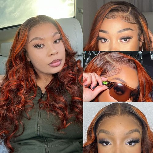 LAINSS 13x4 Highlight Ombre Lace Front Wig Human Hair Ginger Brown Body Wave HD Transparent Lace Frontal Wigs Pre Plucked Human Hair for Women P4/350 Colored Lace Front Wigs 180% Density 20Inch