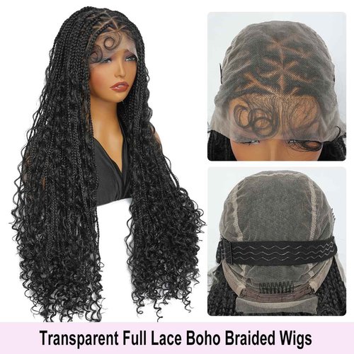SUPERNOVA 36 Inch Boho Braided Wigs Full Lace Triangle Knotless Braided Wigs For Black Women Synthetic Full Double Lace Front Box Braid Wig With Baby Hair Goddess Locs Braids Wig With Curly Ends