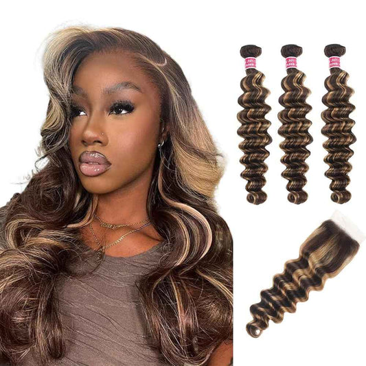 Highlight Human Hair Bundles with Closure Loose Deep Wave 14 16 18+14in 10A Highlight Ombre Human Hair Bundles Loose Wave with 4x4 HD Lace Closure Free Part