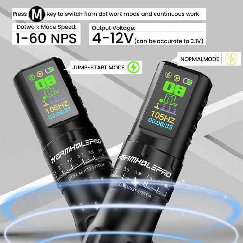 WORMHOLE PRO Tattoo Gun AQUILA Wireless Tattoo Machine Multi-function Smart Tattoo Pen 1,800mAh Battery with Replacement Power Supply, Smart Display, Brushless Motor, 7 Strokes Length