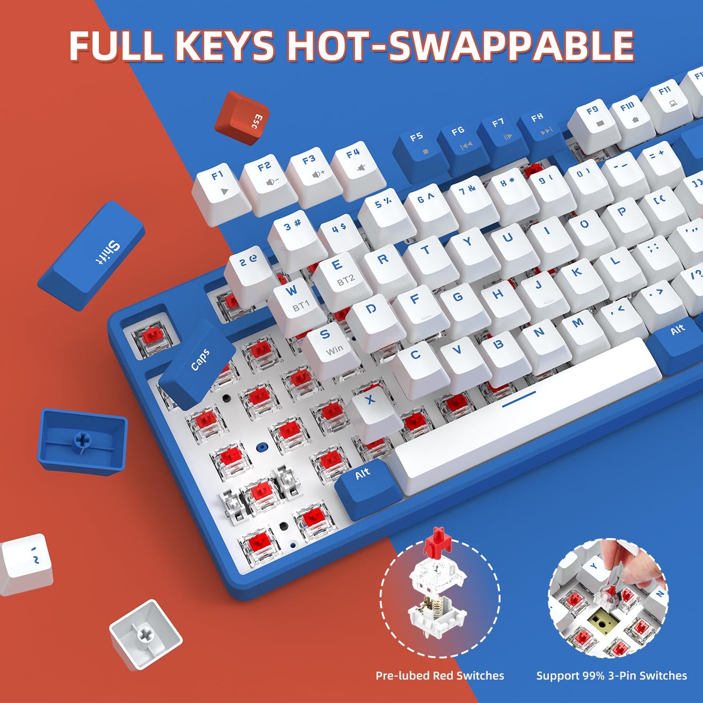 A.JAZZ Wireless Mechanical Keyboard, 87 Keys TKL Hot Swappable Bluetooth Gaming Keyboard, Dual Mode BT5.0/2.4G with Detachable Frame, USB Hub OEM Keycaps Custom Keyboard for PC MAC PS4(Red Switch)