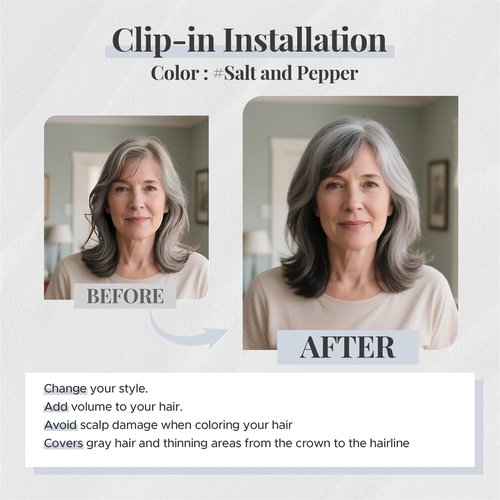 SEGOHAIR Human Hair Topper for Women, with Silk Base 3.94x4.72, 8 Inches, 4 Clips, for Thinning Hair, with Front Bangs, Salt and Pepper Color, Natural Look