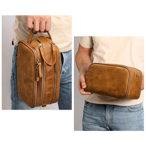 S-ZONE Leather Travel Toiletry Bag for Men Women Traveling Cosmetic Shaving Bags Dopp Kit