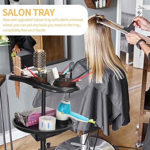 Salon Tray on Wheels, Professional Hair Dyeing Stations with 3 Bowls, Barber Hairstylist and Coloring Rolling Carts, Hairdressers Tools Double Tray for Salon Home Use