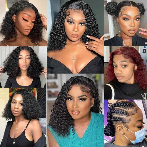 Ablvari 13x6 Deep Wave Bob Lace Front Wigs Human Hair 180% Density HD Lace Frontal Wigs Human Hair Pre Plucked 16 Inch