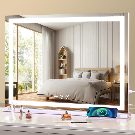 Large Lighted Vanity Mirror, 23" x 19" Light Up Make up Mirror with Smart Touch 3 Colors Dimmable, Tabletop or Wall-Mounted, Memory Function