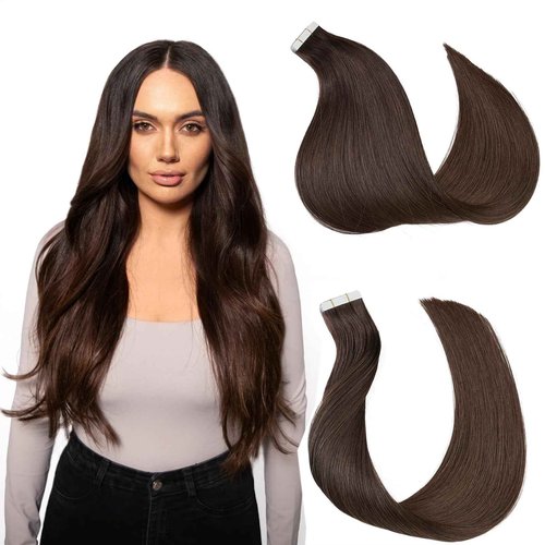 Tape in Hair Extensions ，Real Human Hair Extension,Chocolate Brown Human Hair 20 inch 20pcs 50g,Thick Ends Straight Seamless, Invisible Tape in Hair Extensions Human Hair