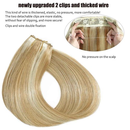 Ugrace Real Human Hair Clip in Extensions with Invisible Fish Line - Straight Hair (14 inch, Highlight Color P16/613)