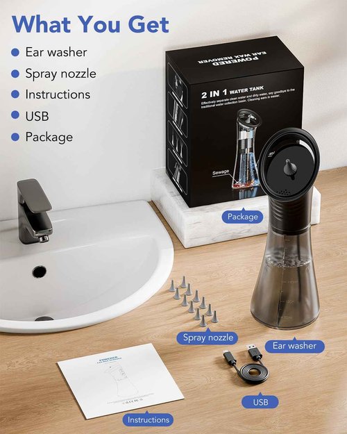 Yakbio Ear Wax Removal - Electric Ear Cleaner with LED Display, Ear Cleaning Kit Effective & Safe Ear Wax Cleaner Irrigation Flushing System, 3 Pressure Modes, 12 Tips