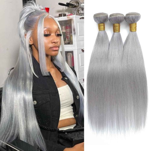 Anmetan Grey Color Straight Bundles Human Hair, Short 12A 100% Unprocessed Virgin Remy Bundles Lavender Silver Gray Human Hair Soft and Thick Sew In Quick Weave 10 12 14 Inch for Women