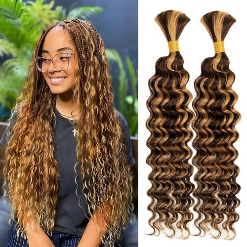 2 Bundles Human Braiding Hair for Boho Braids, 22Inch 120G P4/27 10A Brazilian Virgin Deep Wave Bulk Human Hair for Braiding, Wet And Wavy No Weft Curly Braiding Hair for Boho Knotless Braids