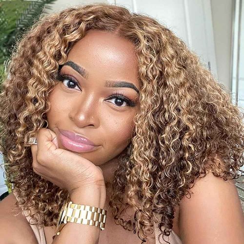 ISEE M-Cap Kinky Curly Wear Go Glueless Wigs Human Hair Pre Plucked Pre Cut Bleached Knots 9x6 HD Lace Glueless Human Hair Wigs For Women (Highlight Ombre, 12 Inch)