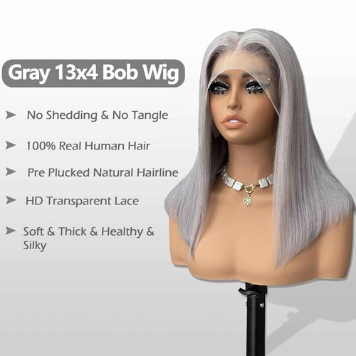 Bestvivid Dark Grey HD Lace Bob wig Straight Human Hair 10inch Pre Plucked Short Cut Peruvian Virgin Hair 180% Density Glueless Gray Bob Wig 13x4 Transparent Lace Middle Part for Black Women