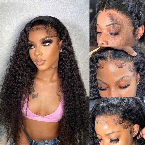 Caijuxing Water Wave Lace Front Wigs Human Hair 13x6 HD Lace Front Wigs Human Hair 200% Density (Natural Black- Water Wave Wig, 28 Inch)