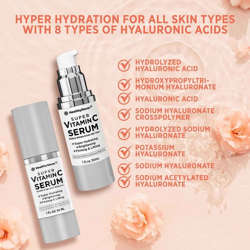 Super Vitamin C Serum for Women Over 70: Niacinamide, Vitamin C, Hyaluronic Acid, Peptides, Vitamin E, Caffeine, Bakuchiol, Hydrating, Lifting, Wrinkle & Age Spots Reduction Pack of 2