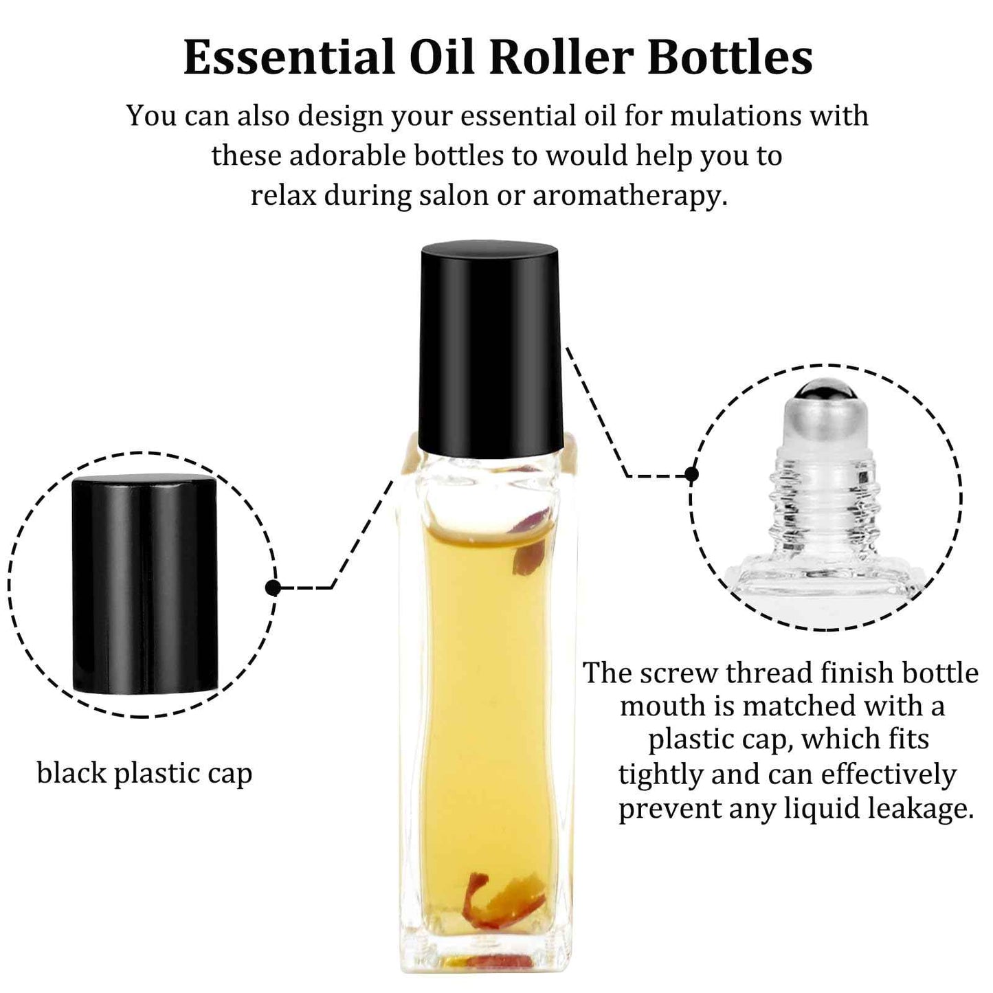 Hzmssore 100 Pcs 10 ml Roller Bottles for Essential Oils, Square Thick Empty Glass Roller Bottles with Stainless Steel Roller Balls Protection Leakproof with 5 Funnel for Travel, Black