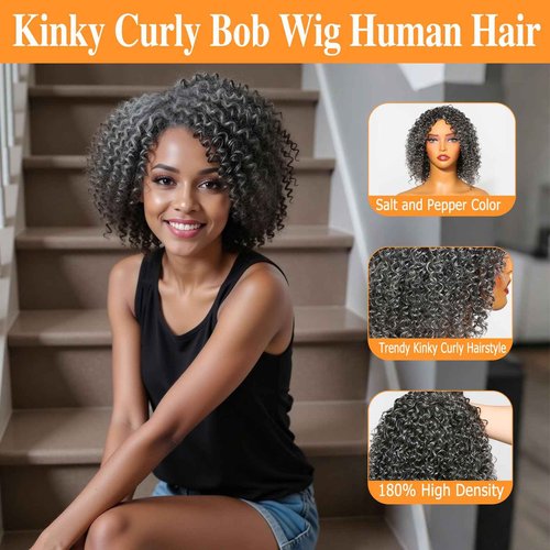 HANASCC Salt and Pepper Wigs for Women Deep Curly Grey Glueless Wigs Human Hair Mixed Kinky Curly Deep Wave Gray human hair Short Wigs for Women 10 Inch