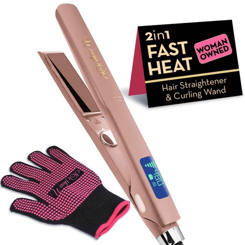 2 in 1 Professional Dual-Voltage Titanium Flat Iron Hair Straightener | up to 480°F | 10s Heat-Up | Straightening Iron & Hair Curling Wand 1.25" with Ceramic MCH Fast Heat, Auto Shut Off