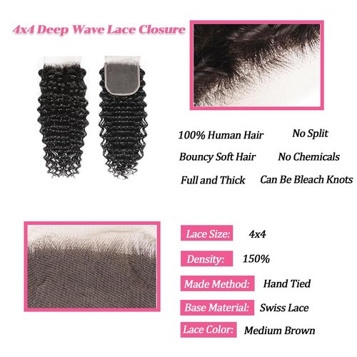 Deep Wave Human Hair Bundles with Closure Unprocessed Brazilian Deep Curly Human Hair Bundles with 4x4 Lace Closure Free Part 16 18 20 with16 Inch Natural Color