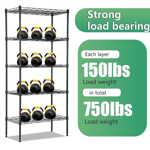 BestOffice | 5-Tier Wire Storage Shelves | 22x12x48 | Black | with Adjustable Racks | Heavy-Duty Metal Shelf, Holds Upto 750 lbs | No-Tool Assembly | Ideal for Home & Garage Shelving