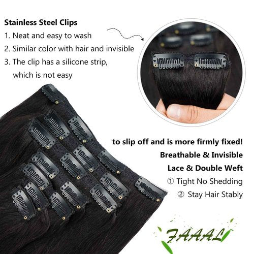 18" Clip in Human Hair Extensions Full Head 150g 7 Pieces 16 Clips Natural Black Double Weft Brazilian Real Remy Hair Extensions Thick Straight Silky (18",150g #1B)