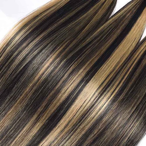 Dokksiiia Highlight Straight Human Hair Bundles P1B27#1B & #27 Piano Color Mix Double Weft Brazilian Virgin Human Hair Sew-In Weave Extensions 14 16 18 Inch Soft & Thick