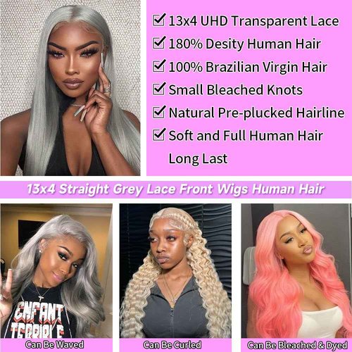 Mscathy 200% Grey Human Hair Wigs Straight 13×4 UHD Transparent Pre Plucked Pre Cut Gray Lace Front Wig Virgin Human Hair Glueless Lace Front Wigs for Women 18 Inch