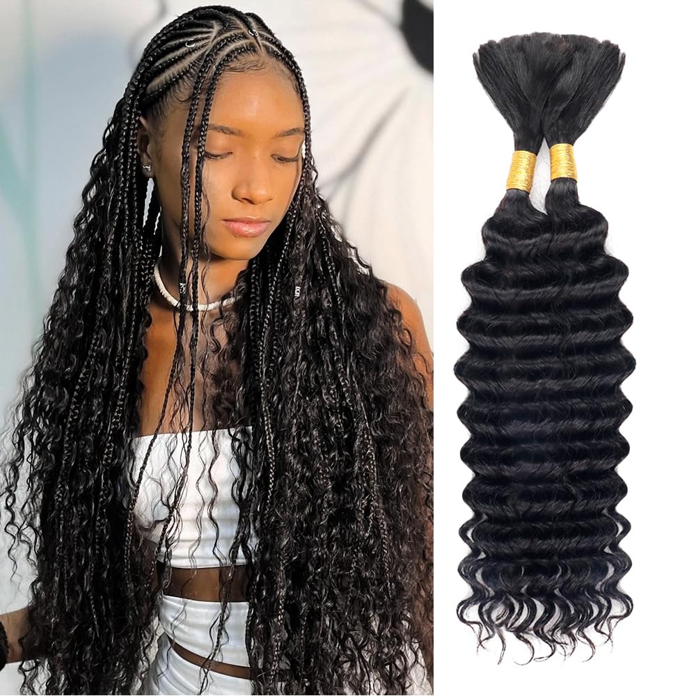 Goulus Deep Wave Bulk Human Hair For Braiding 100% Unprocessed Brazilian Virgin Human Hair Extensions Two Bundles Micro Braiding Human Hair 100g No Weft(28inch, Natural Black)