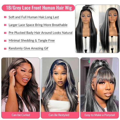 Smartinnov Grey Highlight Lace Front Wigs Human Hair Ombre Black with Grey 13x4 Glueless Wigs Virgin Hair Pre Plucked 1B Sivler 18 Inch 150% Density Transparent HD Lace Wig with Baby Hair for Women