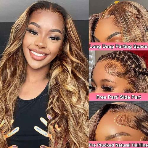 studyy Ombre Highlight Body Wave 360 Lace Front Wigs Human Hair Pre Plucked With Baby Hair Honey Blonde 360 Hd Lace Frontal Wigs Full Lace for Women 18inch