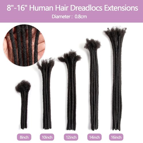 Originea Dreadlock Extensions Human Hair for Man/Women Full Head Handmade 0.8cm Thickness Can Be Dyed and Bleached Dreadlocks Bulk Permanent Loc Extensions (8 Inch 60 Strands, 1B# 0.4cm)