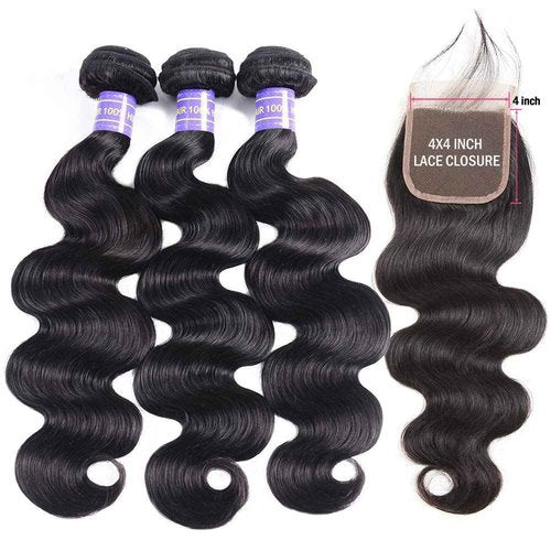 Bundles with Closure Body Wave Hair Weaves(10 12 14+10，Free Part) 4×4 Lace Closure with 3 Bundles 100% Brazilian Virgin Remy Human Hair 150% Density Natural Color for Black Women