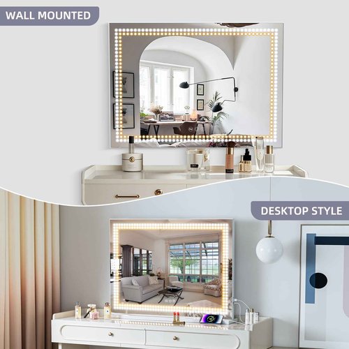 Misavanity Vanity Mirror with Lights Dots Makeup Mirror with LED Lights 31.5" x 22.8" Tempered Glass Lamp Bead Touch Screen Control Dimmable 3 Colors Modes USB Charging Port 10X Magnification, White