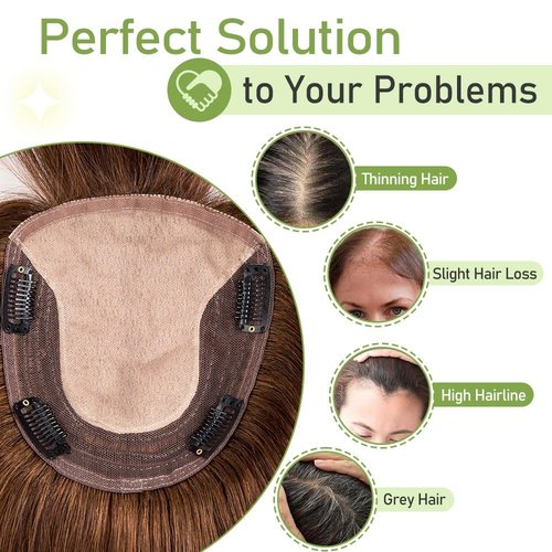 Lovenea 13x15cm Human Hair Topper with Bangs 12 Inch Straight Human Hair Silk Base 130% Density Clip In Toppers Hairpieces for Women With Hair Loss Thinning Hair Medium Brown(4#, 12 Inch)