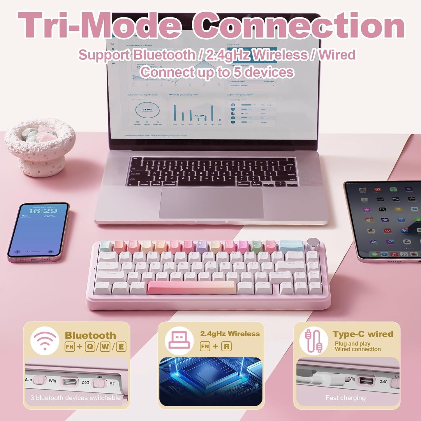 YUNZII B68 Wireless Mechanical Keyboard,Tri-Mode BT5.0/2.4GHz/USB-C,Cute PBT Keycaps,Hot Swappable Creamy Typing Gasket Mounted,RGB Backlit NKRO for Win/Mac (Black, Cocoa Cream V2 Switch)