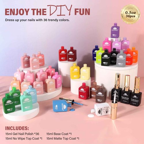 EBANKU 36Colors 0.5Oz Gel Nail Polish Set Same Color Same Bottle Soak Off Gel Polish Kit with 3PCS Base Top Matte Coat Nail Art Manicure Salon DIY at Home for Women